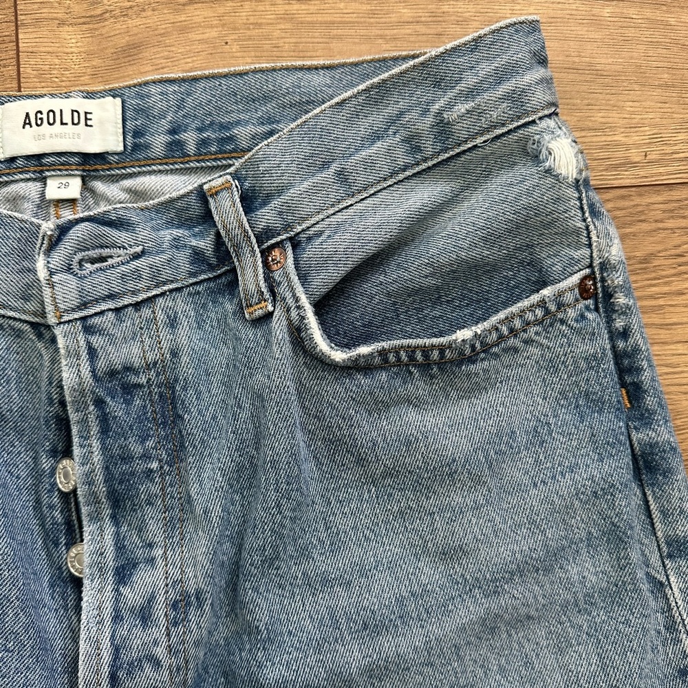 Agolde Relaxed Boot Cut Jeans 100% Organic Cotton Blue Denim Raw Hem Button Fly